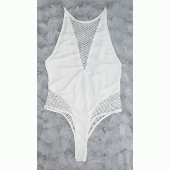 Fashion Nova Tops - NWT Fashion Nova Burn Break Crash bodysuit sheer deep v mesh snap white size S